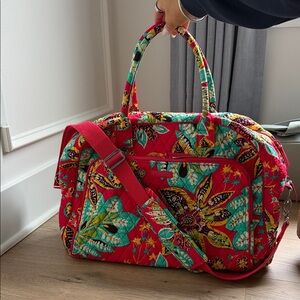 Vera Bradley Rumba Red Floral Quilted Travel Weekender with Teal Accents